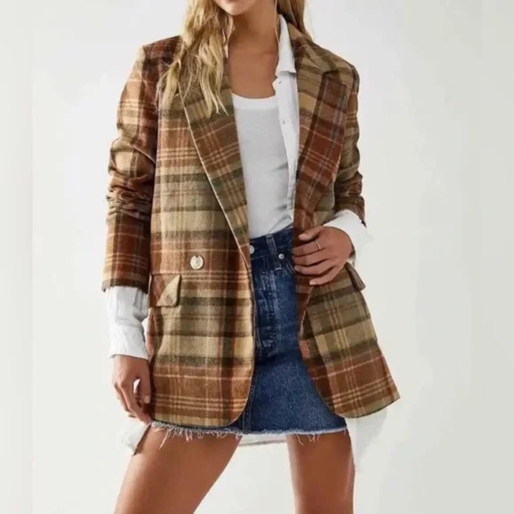 Free People Mari Plaid Blazer Winter Wheat Size Small